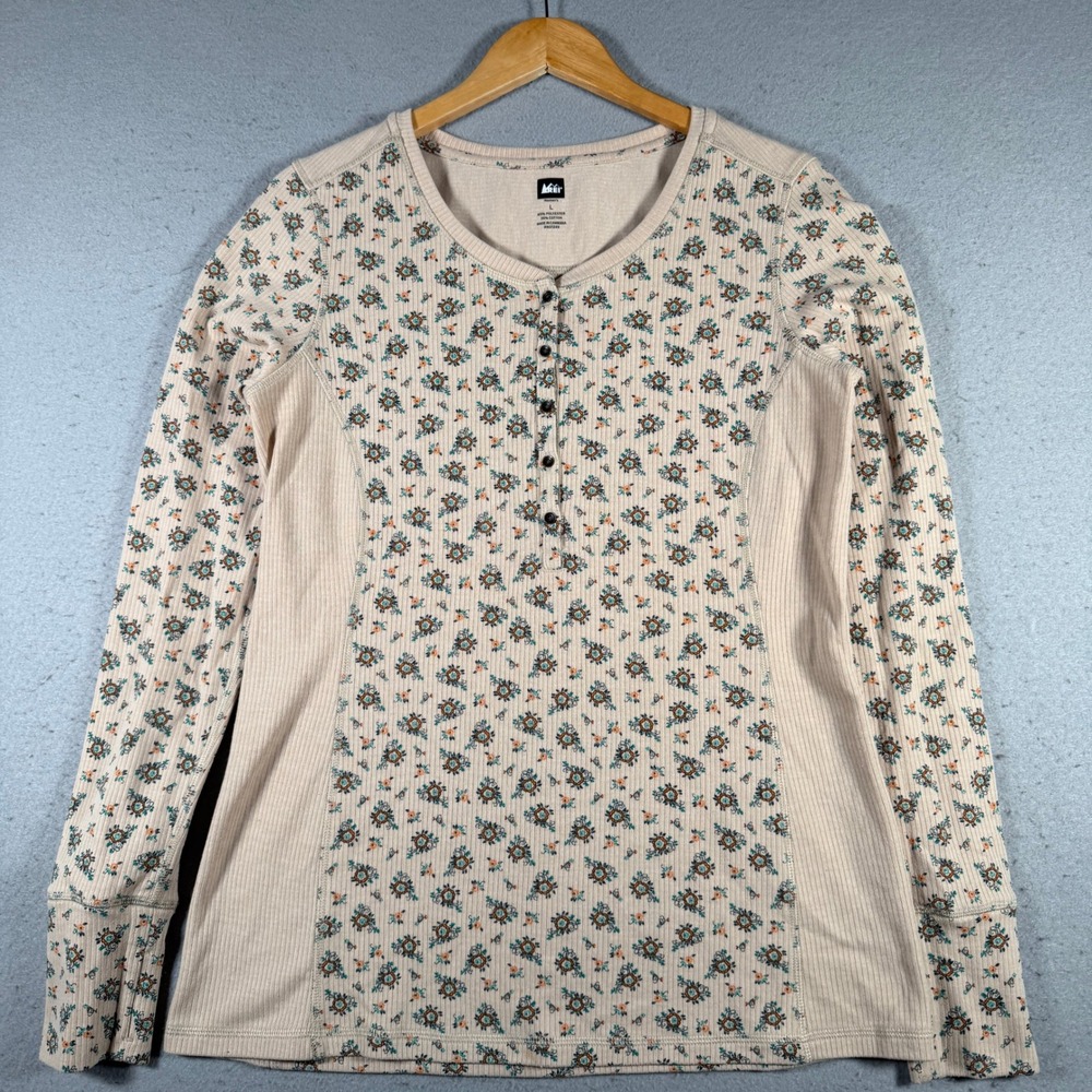 Vintage REI Women's Floral Print Long Sleeve Henley Thermal Shirt Top‎ Size L
